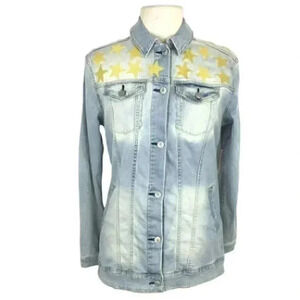LuLaRoe Jaxon M Embroidered Stars Denim Jacket Blue Faded Stretch LS NEW
